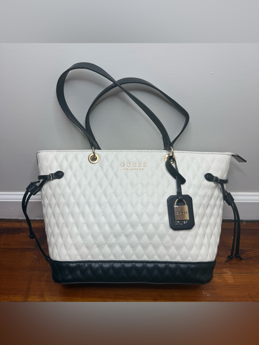 GUESS Two-Tone Quilted Tote in White and Black